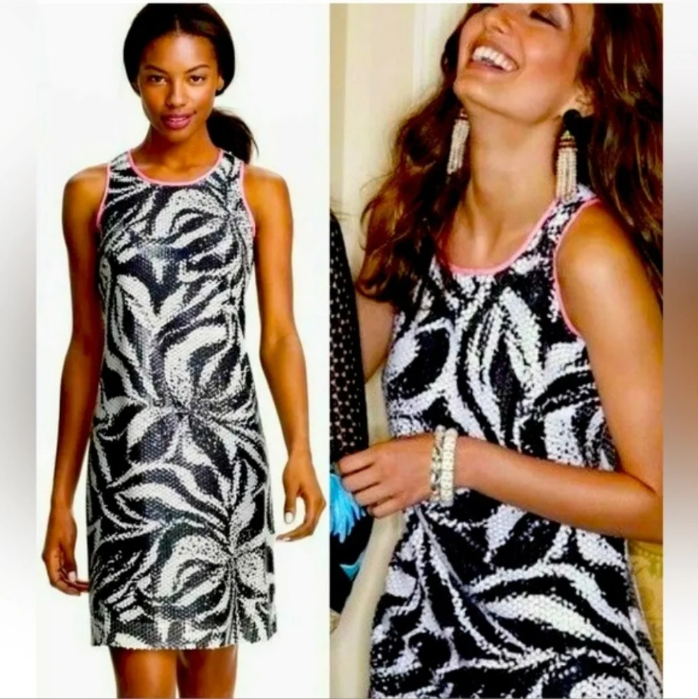 Lilly Pulitzer Courtin Sneak A Peek Black & White Sequin Shift Dress - 10